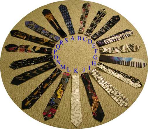 Musically Themed Ties in a circle. Saxahone, clef, notes, notation, brass, piano and more